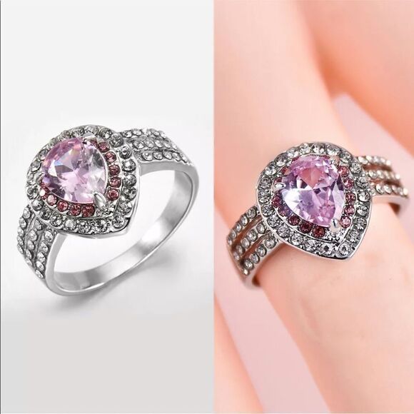 The Pink Tear sapphire 925 Silver tear drop statement ring sz 8 - Picture 10 of 11